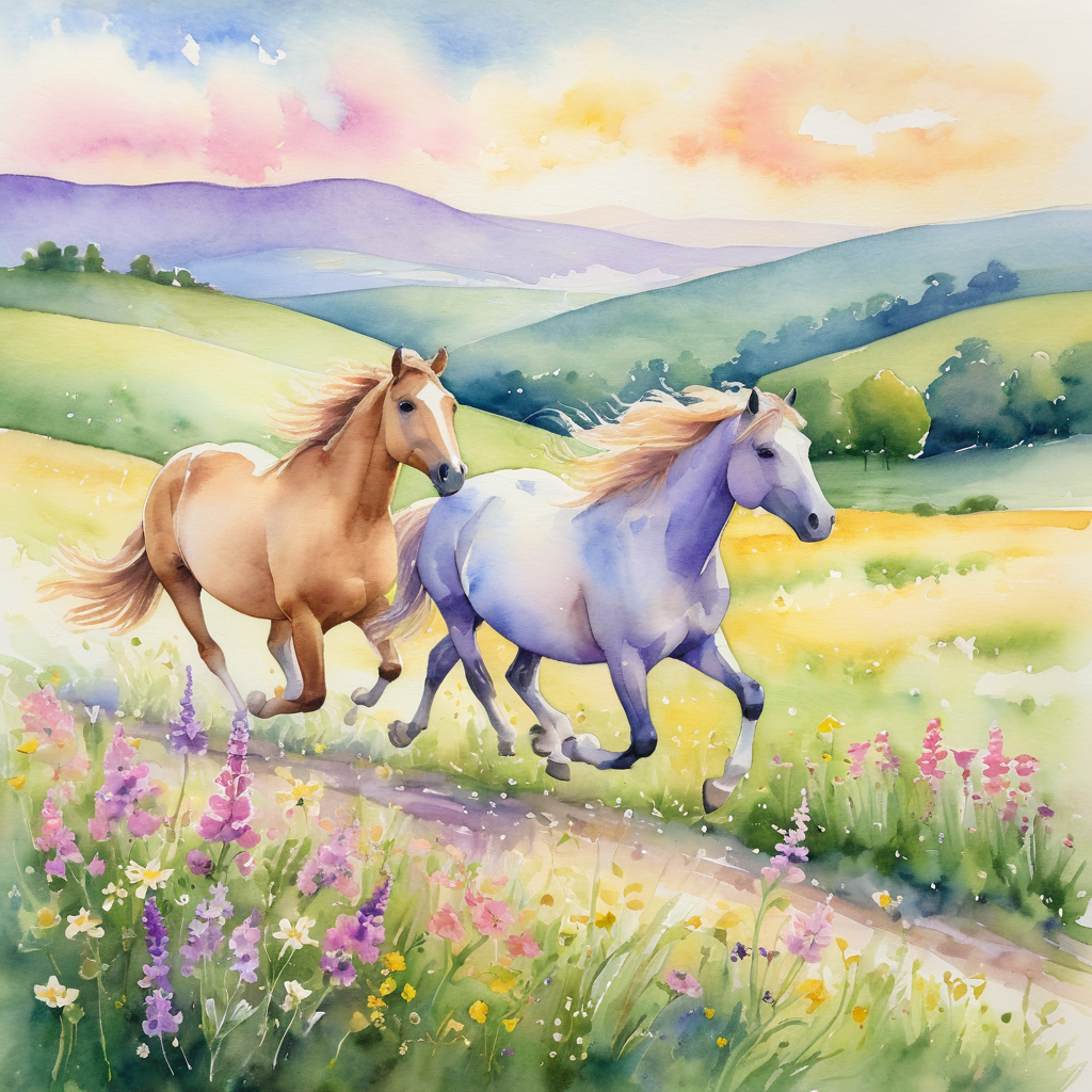Watercolour horses in a meadow